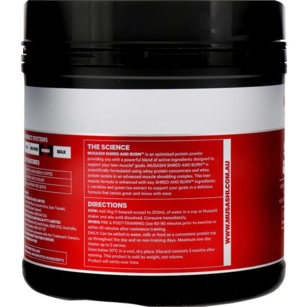 Musashi Shred & Burn Protein Powder Chocolate 340g - Image 4