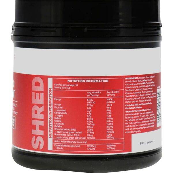 Musashi Shred & Burn Protein Powder Chocolate 340g - Image 5