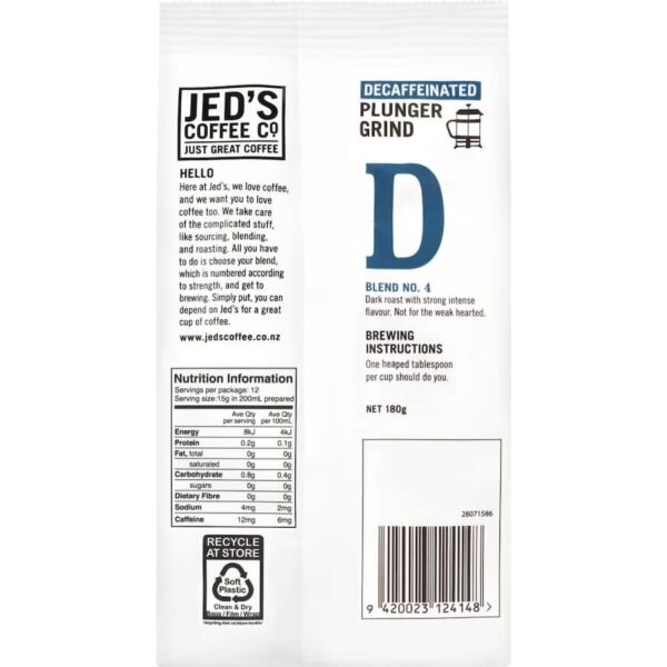 Jed's Plunger Grind Coffee #4 Very Strong Decaf 180g - Image 3